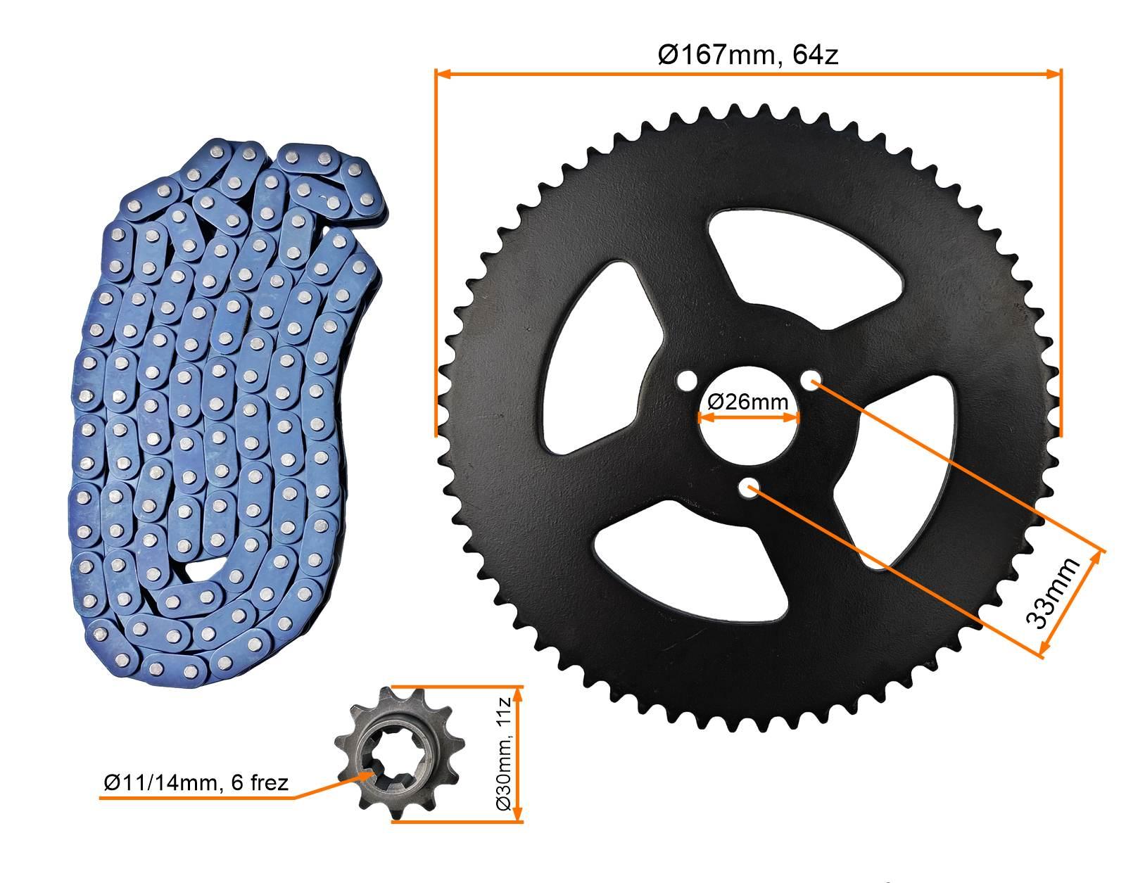 Zestaw napędowy pocket bike /cross pitbike zębatki 11z+64z 26mm łańcuch t8f-120l - zdjęcie 3