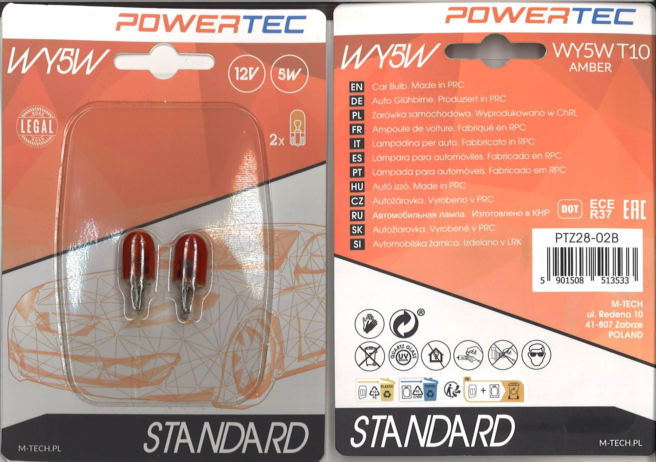 Żarówka powertec m-tech 12v 5w wy5w amber standard (2szt) PTZ28-02B